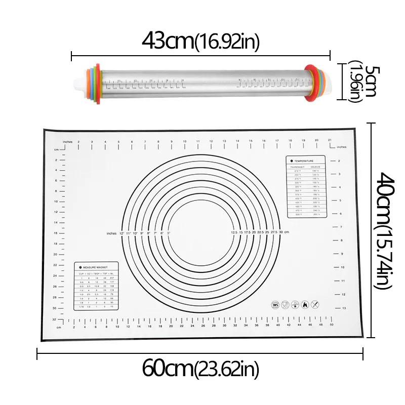 Adjustable Rolling Pin Removable Ring Dough Mat Dough Roller Stainless SteelSilicone Kneading Mat Non-Stick Silicone