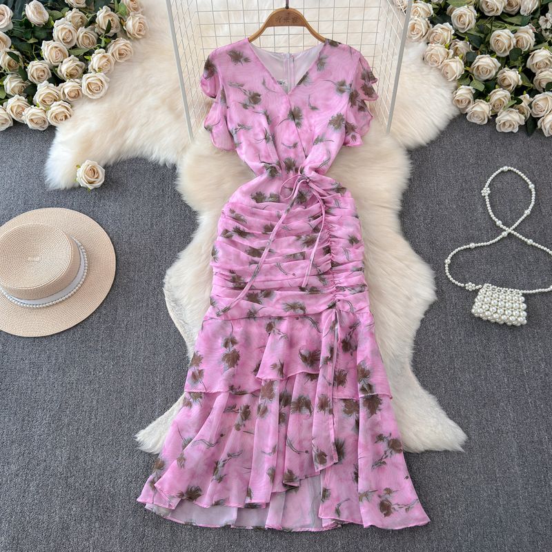 

French Style Fancy Elegant V Neck Waist-Tight Floral Dress Female Scheming Pleating Slim Fit Ruffled Fishtail Dress Purple L