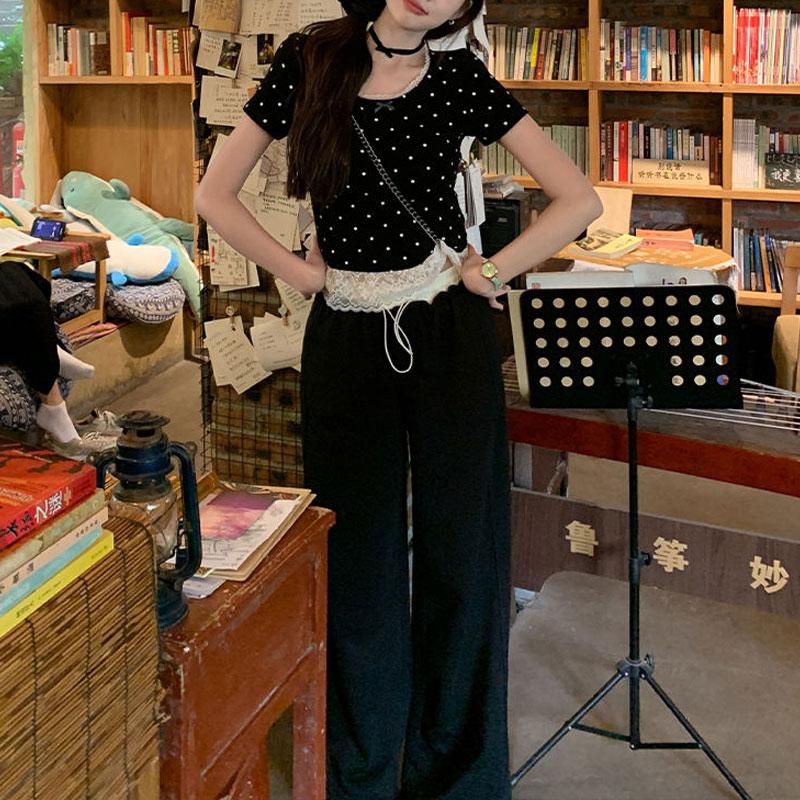 Polka Dot Bow Pullovers Women's Lace Patchwork Summer Slim Short Sleeve French Style Gentle O-Neck T-shirts New