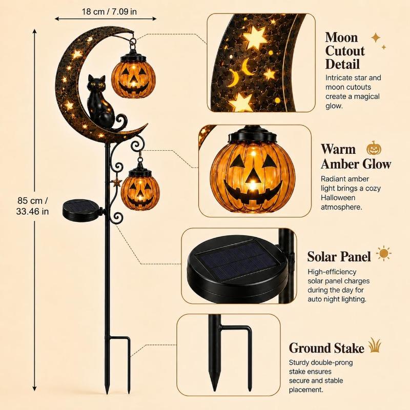 Iron Black Cat Moon Ground Lamp Waterproof Solar Garden Light Auto On/Off for Outdoor Lawns Courtyards Yards Patio Pathway Halloween Decor