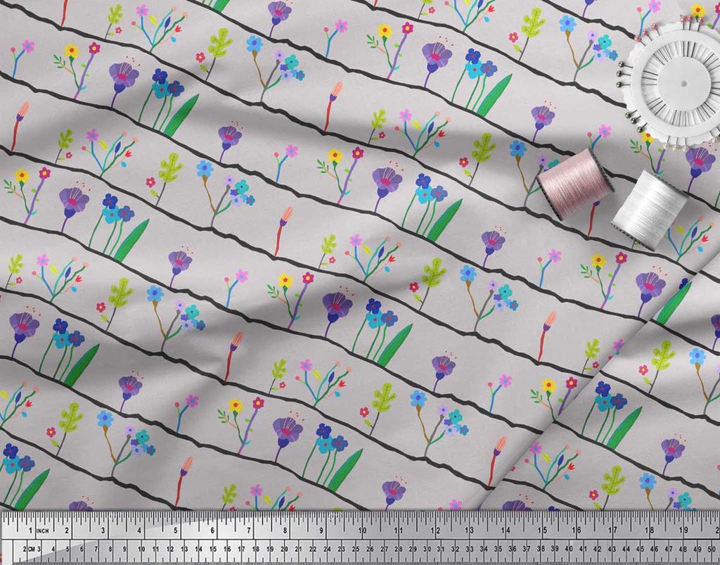 Soimoi Gray Japan Crepe Satin Fabric Artistic Leaf & Floral Fabric Prints By Metre 42 Inch