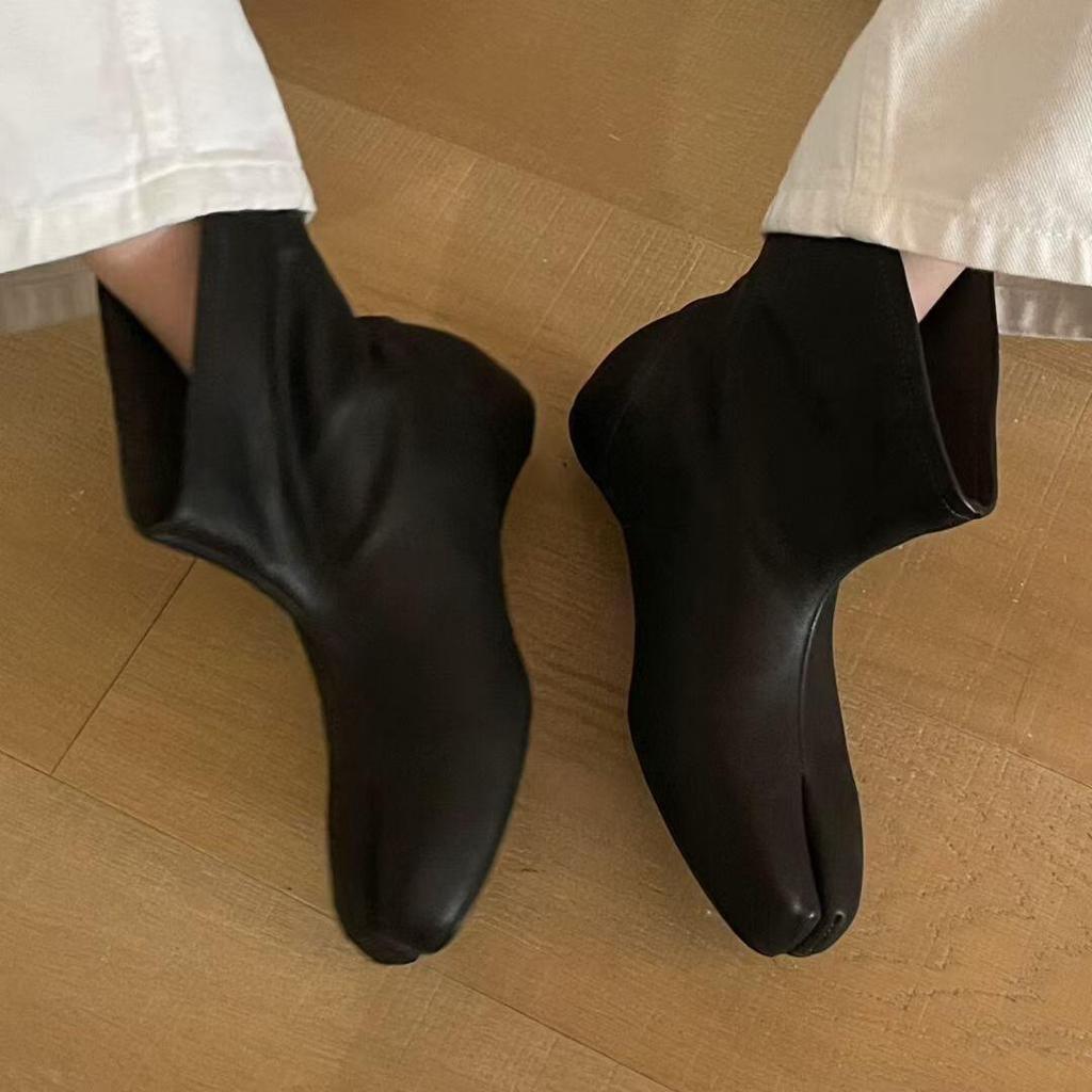 Cowhide version~ Korean version of round head split-toe short boots with inner height increase Martin boots autumn and winter retro western boots wide