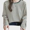 Women's Spring 2025 Green Striped Long-Sleeve Round Neck T-Shirt: Loose-Fit, Slim-Style, Commuting Top