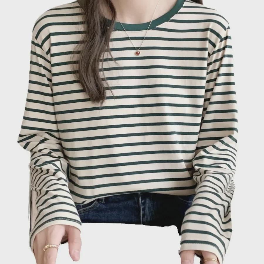 Women's Spring 2025 Green Striped Long-Sleeve Round Neck T-Shirt: Loose-Fit, Slim-Style, Commuting Top