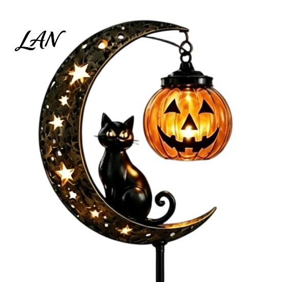Retro Iron Crescent Moon Pumpkin Light Black Cat Halloween Stake Light, Solar Metal Lantern with Powered Outdoor Decor Warm Glow, Spooky Yard