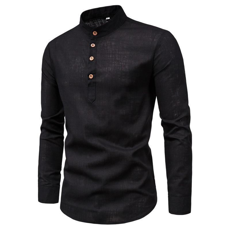 Men's Spring and Autumn Cotton and Linen Long Sleeve Shirt Men's Korean Solid Color Stand-Up Collar Shirt