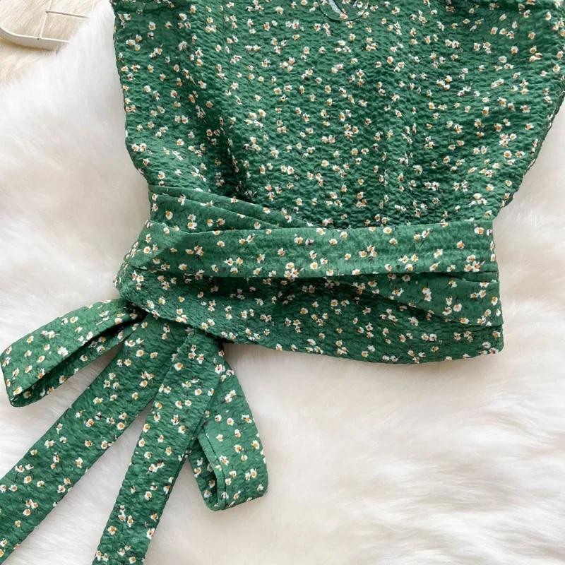 WTEMPO Fashion Green Floral Print Blouse Sleeveless Halter Shirt Lace Up Tops Tee Casual Summer Female Blusas Pullover Vests