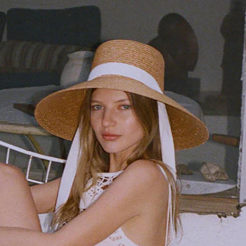

European American 15cm Wide Brim Wheat Straw Hat for Women, Spring Summer Sun Cap with Chin Strap, Beach UV Protection 15cm brim