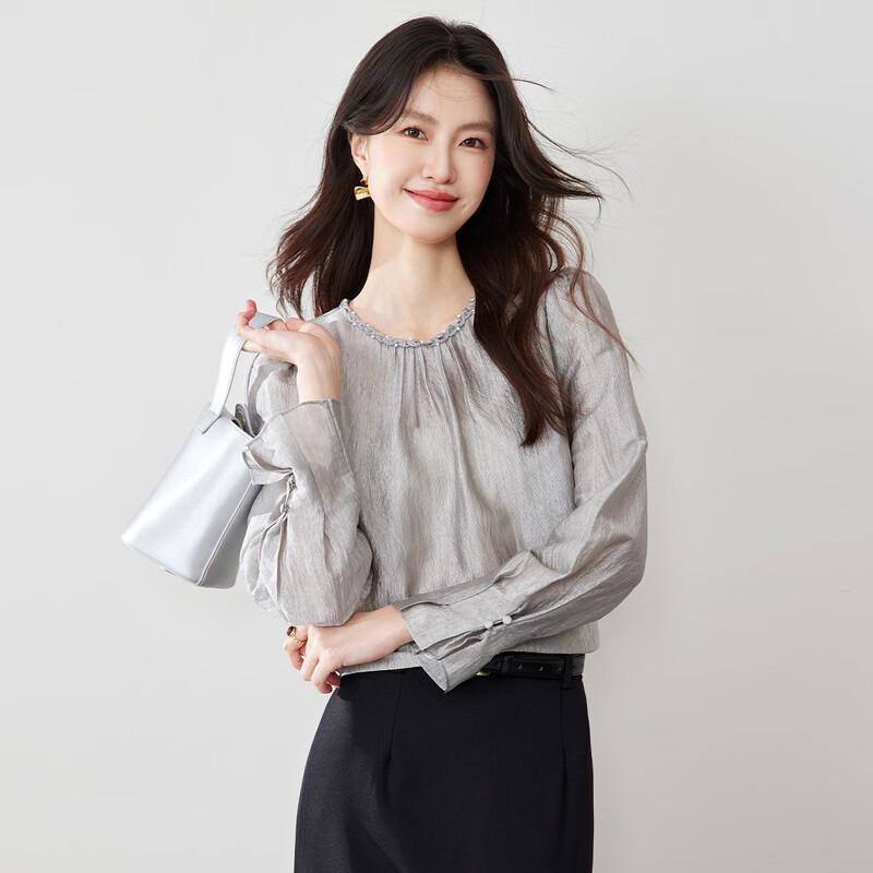 CARBAMMI Women s Elegant Chiffon Long Sleeve Round Neck Blouse L