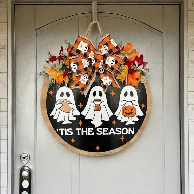 Holiday Wooden Specters Door Ornament Feature Cloth Maple Leaves Easy Hanging Design For Halloween Christmas Party Decorations