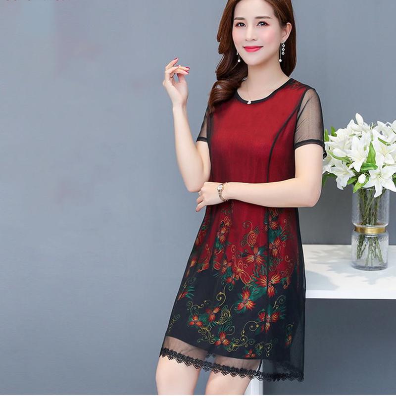Mid-length Plus Size Printed Over-the-knee Dress Round Thin Chiffon Neck Short Sleeve Mom A-line Skirt