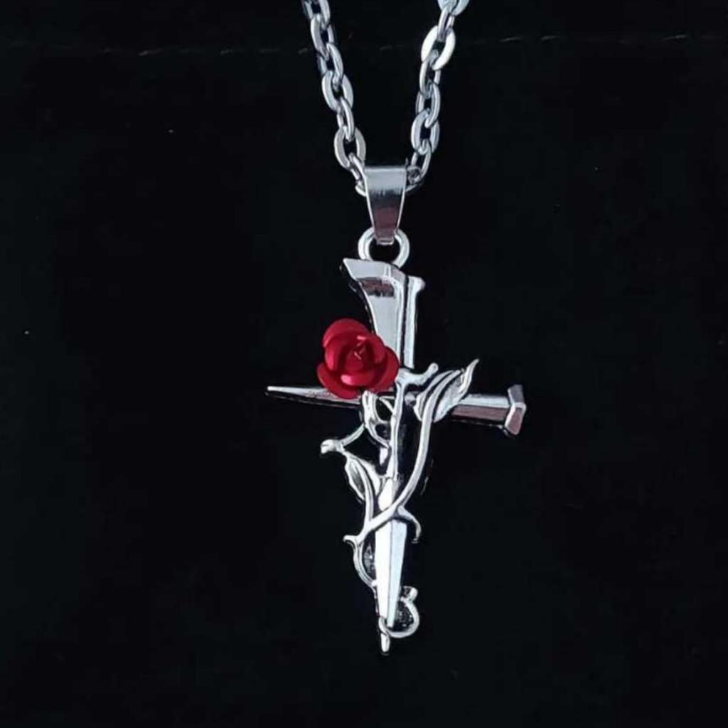 Gothic Punk Simulated Stereo Red Rose Flowers Winding Cross Pendant Stainless Steel Necklace for Women Halloween Witch Jewelry