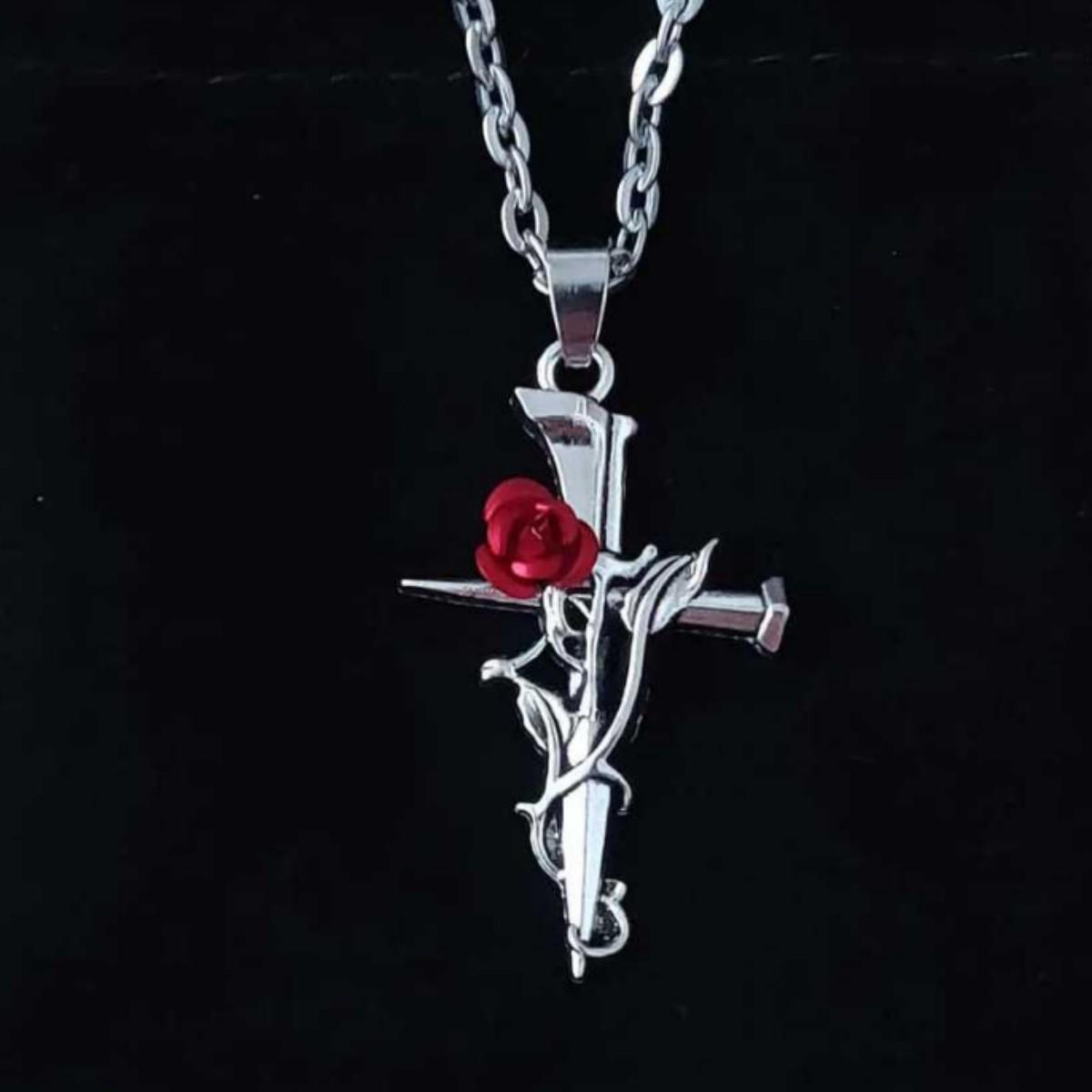 

Gothic Punk Simulated Stereo Red Rose Flowers Winding Cross Pendant Stainless Steel Necklace for Women Halloween Witch Jewelry