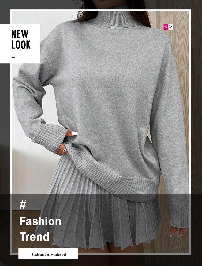 Women's Elegant Two-Piece Set: Turn-Down Collar Knitted Sweater & Pleated Skirt.