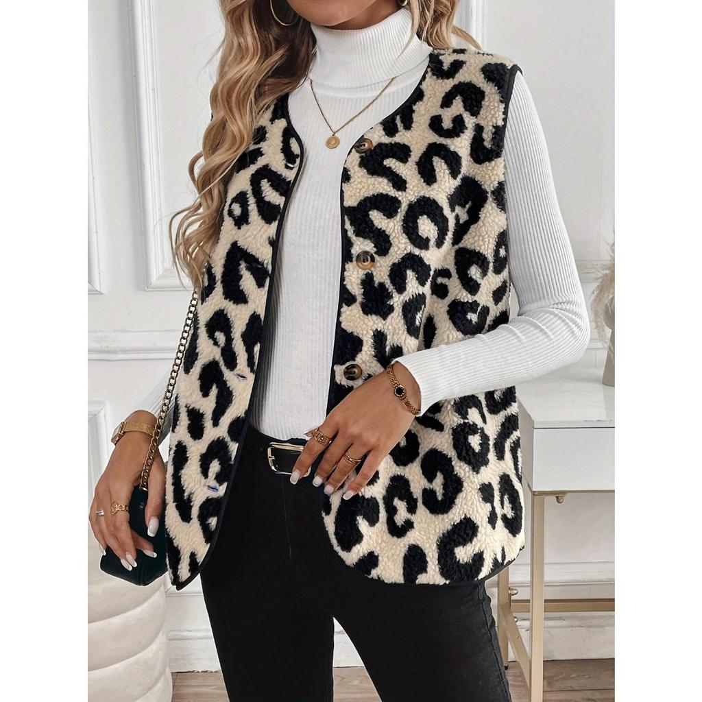 Gilet in Pile Leopardato da Donna Autunno Inverno, Gilet Senza Maniche alla Moda con Bottoni per Donna, Capo d'Abbigliamento Esterno