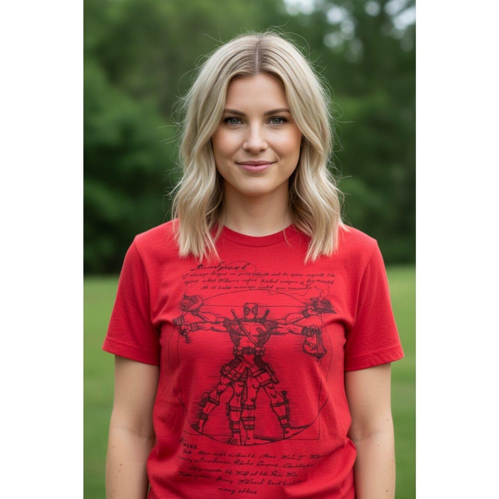 Marvel Comics Deadpool Leonardo Davinci Graphic Logo Women s T-Shirt Size XS Tee XL