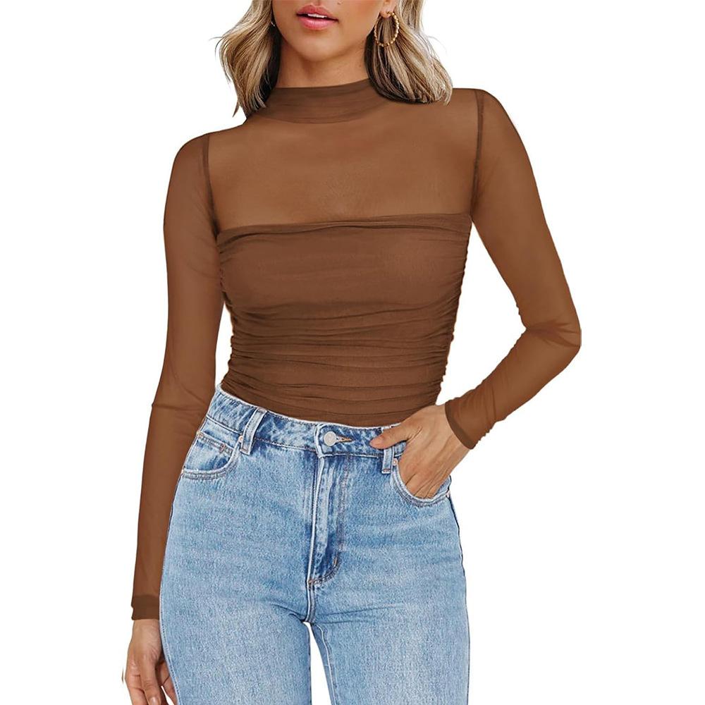 Nuova T-shirt da donna a collo semi-alto trasparente a maniche lunghe e top in tulle sexy