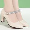 Women Pumps Flower Mary Jane Shallow Mouth Shoes Dress One-line Buckle Pointed Toe Medium Elegant Heels Soft Leather Shoes