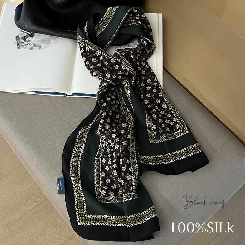 

Autumn is in full swing! french floral 100% mulberry silk scarf - long crepe de chine silk shawl зелёный