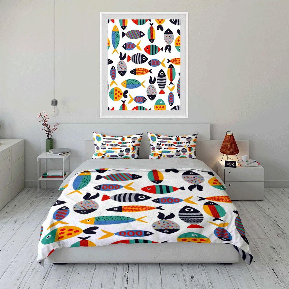 Colorful Fish Pattern Home Set Exquisite Three-piece Bedding Set Gift for Kids and Adults