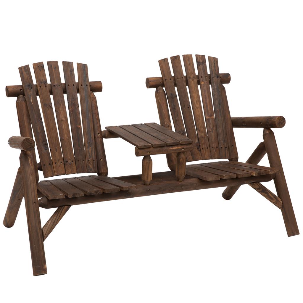 Wood Patio Chair Bench 2 Seats W/ Centre Coffee Table, Garden Bench, Carbonized