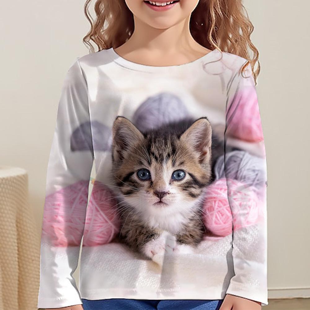 Children's Clothing Girl T-Shirts Long Sleeve 3D Cartoon Cat Print Kids Spring Fall Clothes Casual Round Neck Girl Clothes Tops