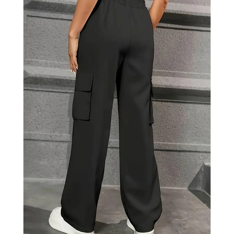 Elastic Waist Fashionable Workwear Pants High Waist Wide Leg Pants Loose Solid Color Casual Sports Pants WOMEN'S Sportswear