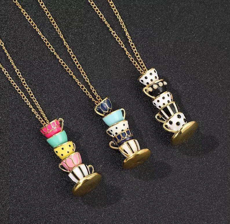 Women's Teacup Pendant Necklace Sweet Afternoon Tea Handmade Sweater Chain Creative Three-dimensional Enamel Pendant Jewelry