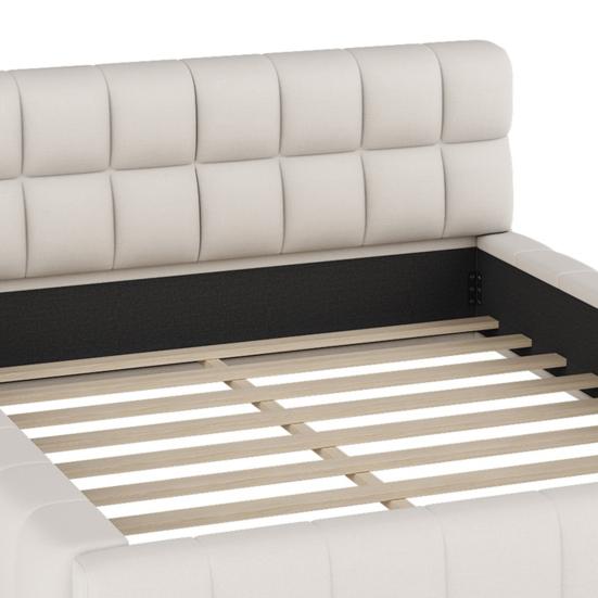 Upholstered Bed 140 x 200cm, Youth Bed, Double Bed with Soft Backrest, Flat Bed with Upholstered Frame, Slatted Frame Linen Beige (Mattress Not