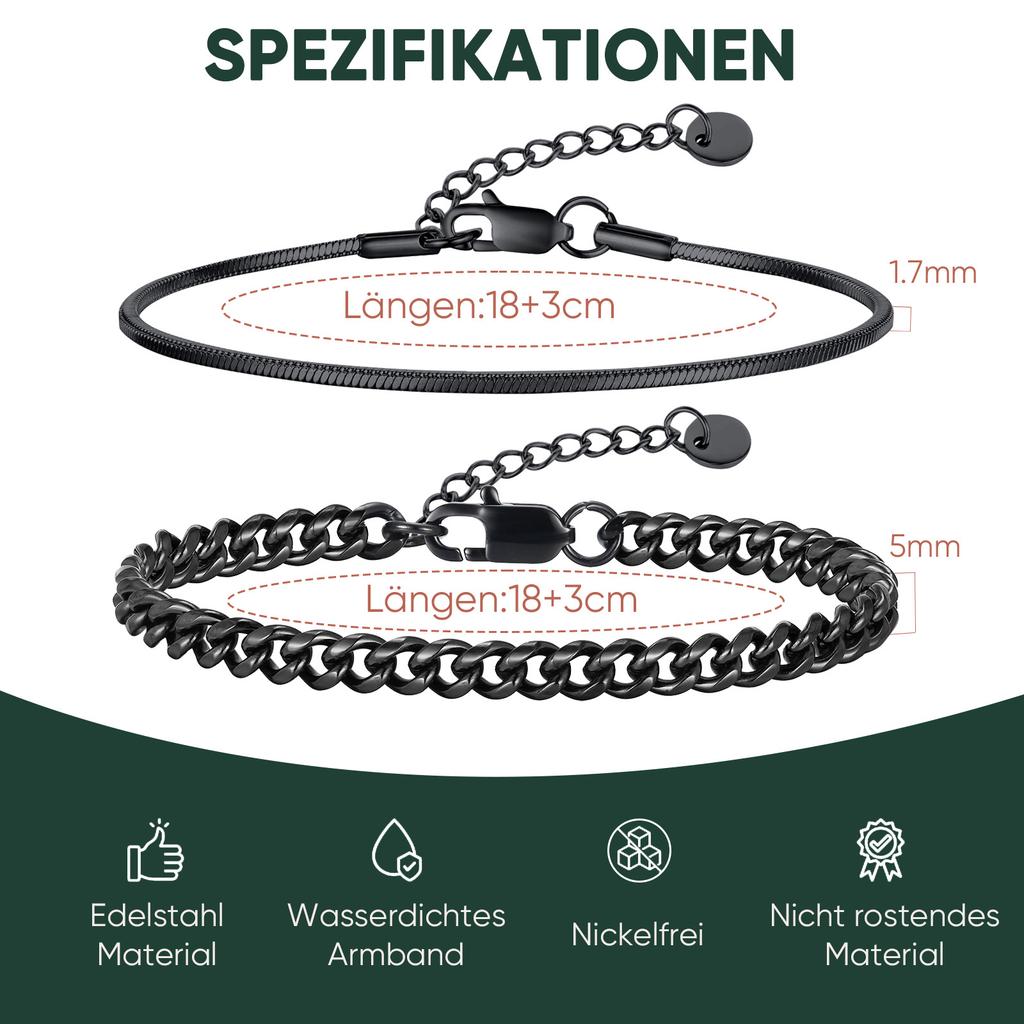 Vnox 2pcs Snake Cuban Link Chain Bracelet Set Black Silver Color Stainless Steel Adjustable 18-21cm Wristband Gift for Men Women