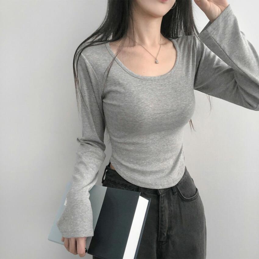 tops Women's Korean Fashion Tops Cut and Sew Long Sleeve Cropped Short Length Slim Stretch Plain Solid Color Affordable Simple Feminine Casual Autumn