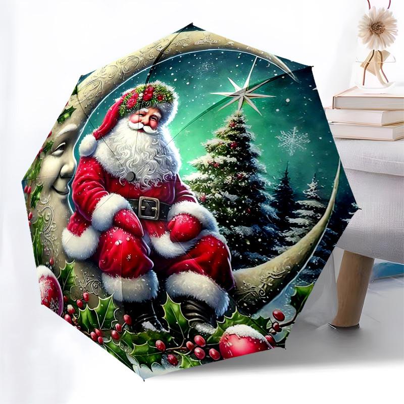 

1pc Christmas Moon Santa Snowflake Automatic Folding Umbrella, 3-Fold Design, 8-Bone Iron Frame, Outdoor, Festive Gift for Fans, Travelers, Daily Use.