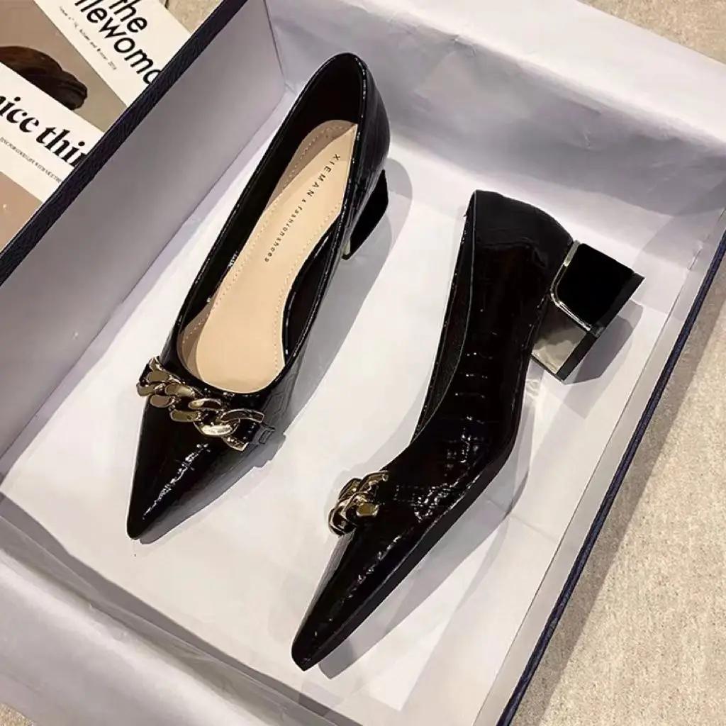 Fashion Shoes For Women Black Chain Square Heels With Medium Luxury Leather Casual Pointed Toe Office Woman Footwear Lastest Non Slip E