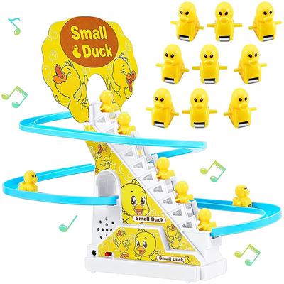 Piccole anatre giocattoli da arrampicata, anatre elettriche che inseguono set da gioco su pista con 9 luci lampeggianti a LED e pulsante musicale, divertente giocattolo per arrampicata su scale con anatre