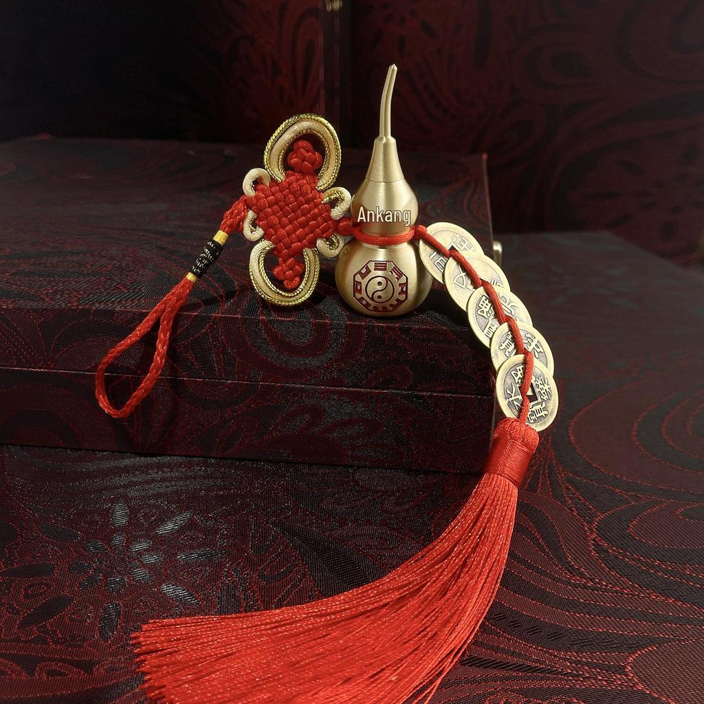Copper Gourd Pendant with Chinese Emperor Coins, Gold Edges & Knot, Red Tassel for Home Decor