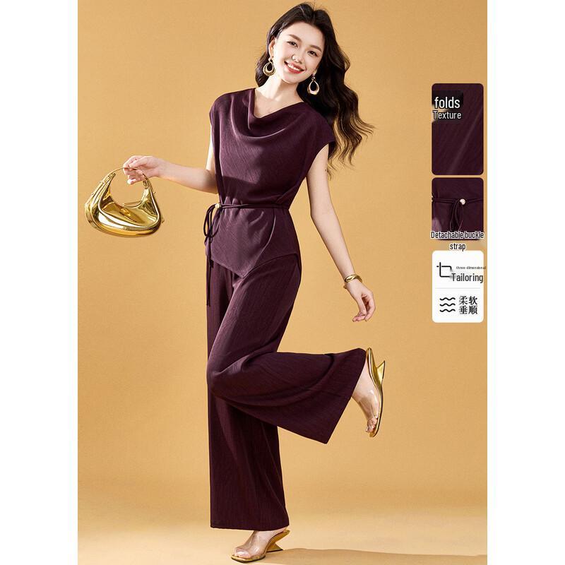 Elegant Drape Neck Sleeveless Top and Wide-Leg Pants Set XL