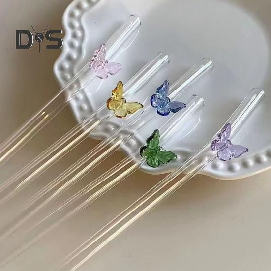 Glass Reusable Straw Colorful Butterfly Design Glass Straw Heat-Resistant Transparent Borosilicate Straws