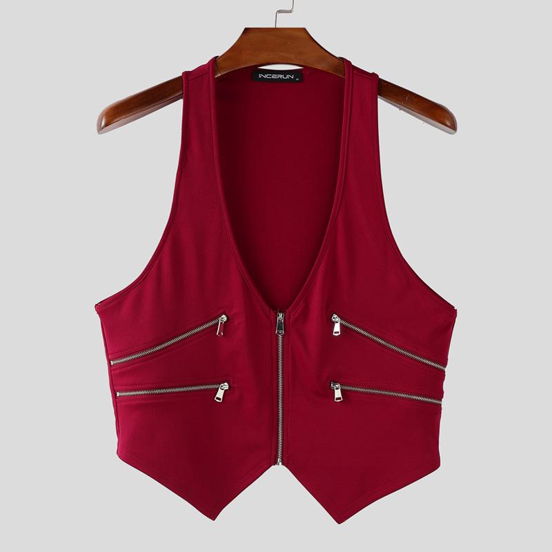 INCERUN Men Deep V Neck Sleeveless Zip-up Irregular Casual Tank Tops Waistcoat