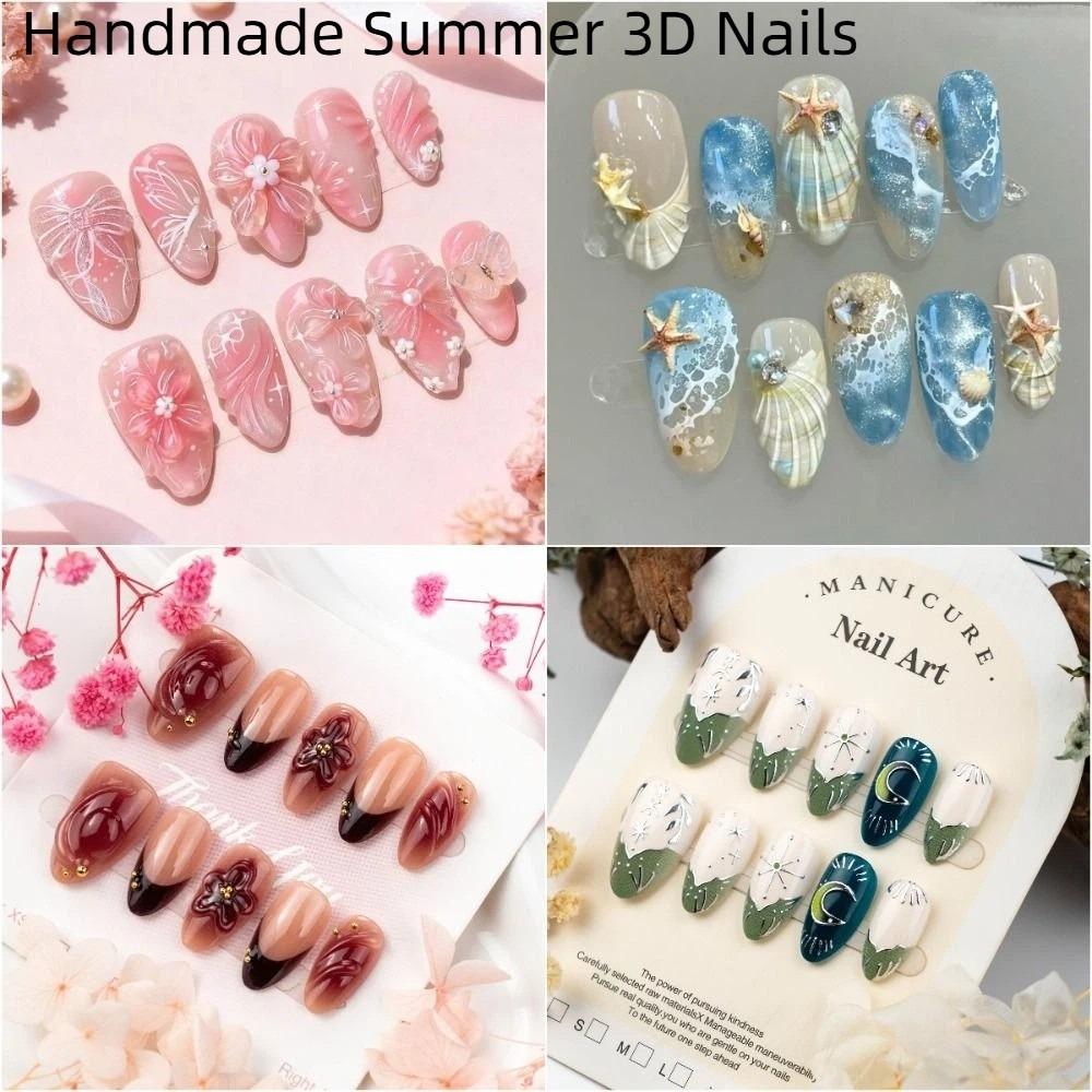 30 Tablets Starfish and Shells Handmade Summer 3D Nails Wearable Manicure with Diamonds Pink Bow Press-On Nails Detachable