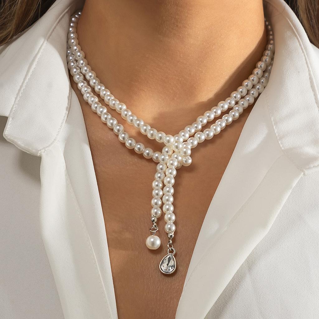 Stacked beaded heart-shaped full diamond French necklace temperament multi-layer rice-shaped imitation pearl necklace women's European 