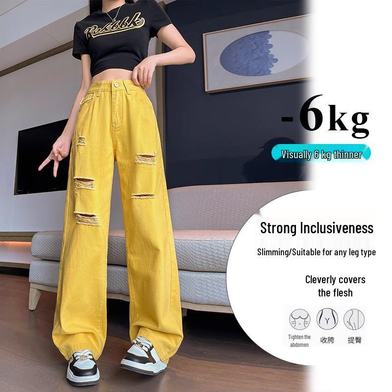 

Women s Yellow Ripped Straight-Leg Jeans, Summer 2024 Loose Slimming Wide-Leg Style L
