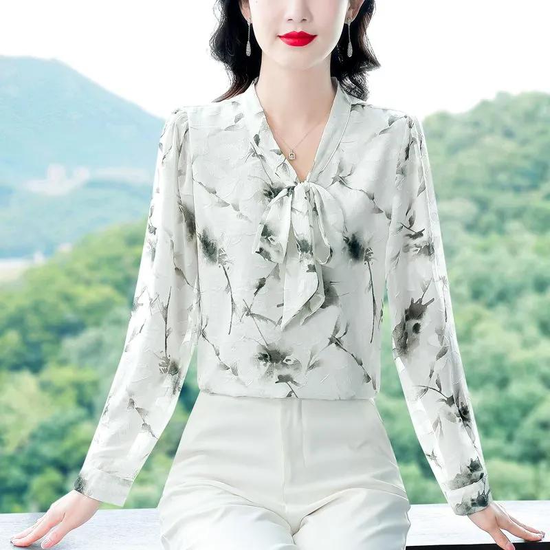 

Women White Ink Print Blouse V Neck Bow Tie Long Sleeve Casual Chiffon Shirt M бежевый
