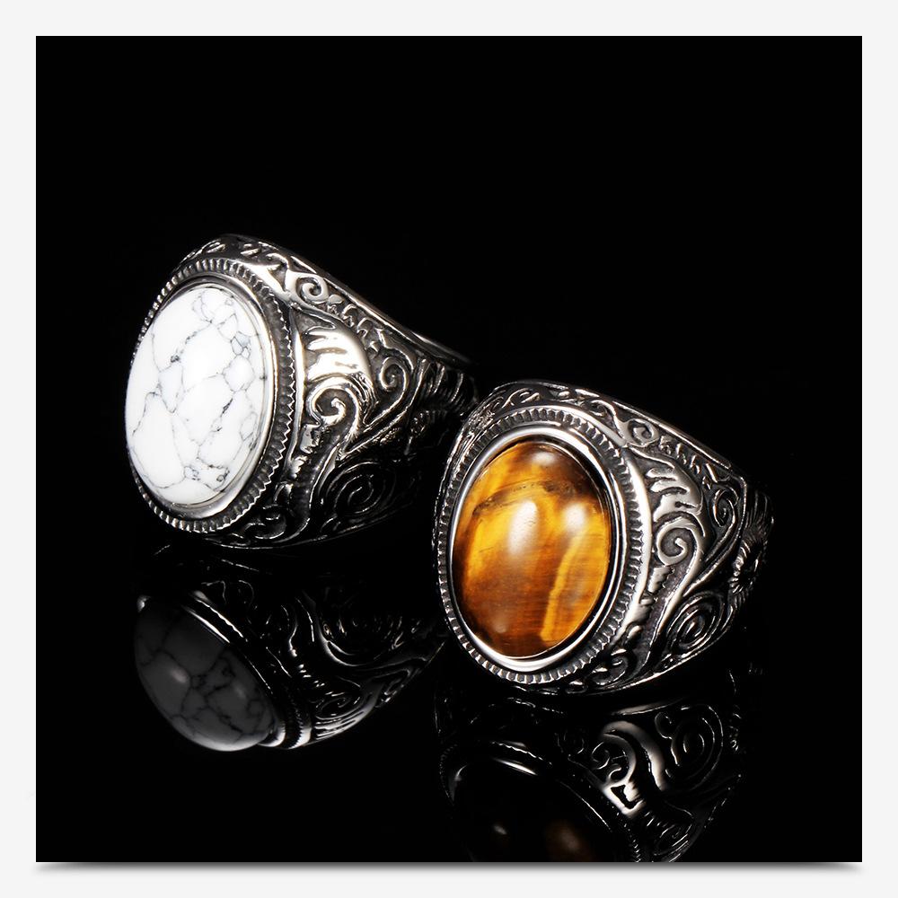 HNSP 316L Stainless Steel Natural Stone Vintage Ring For Men Women Tiger Eyes Black Stone Jewelry Accessories