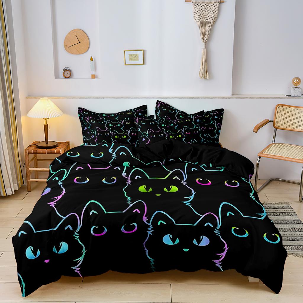 3 Pcs Trendy Gothic Black Cat Duvet Cover Set, Kitten Pet Animal Print Bedding, Cool Cat Lover Decor Bedding For All Adult Sizes