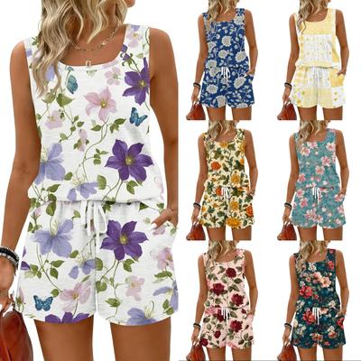 Women Summer Casual Two Piece Set Floral Print Tank Top Sleeveless Square Neck Athletic Drawstring Shorts with Pockets