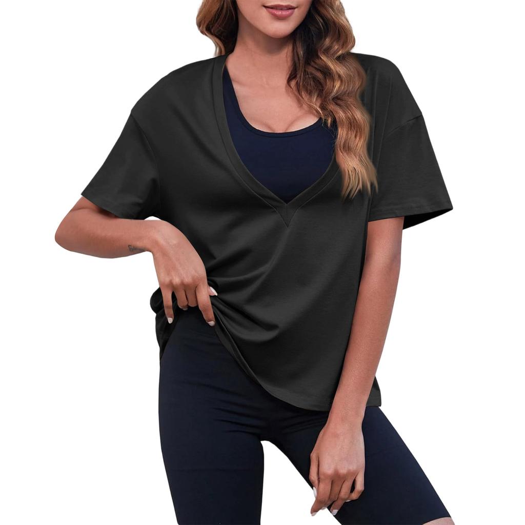 Women's New Summer Color Sexy Deep V-Neck T-Shirt Short Sleeve Casual Loose Basic Top