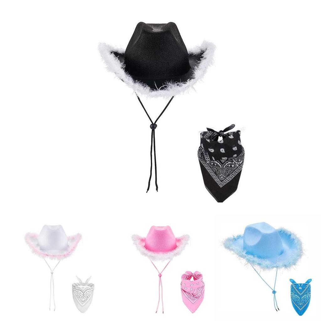 Cowboy Style Blue Fringe Wool Hat With Bandana For Christmas Costume Accessories