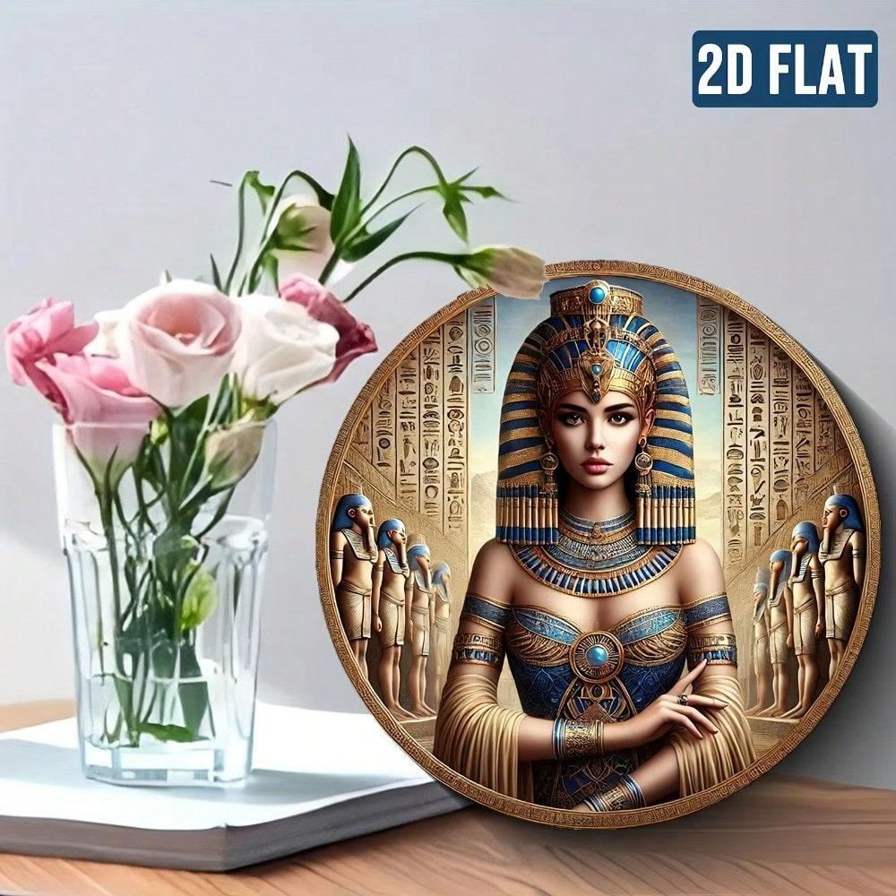 Vintage Ägyptische Königin Metall Wandkunst Rund 13 Zoll HD Gedrucktes Aluminiumschild Wasserdicht Retro Heimdekoration
