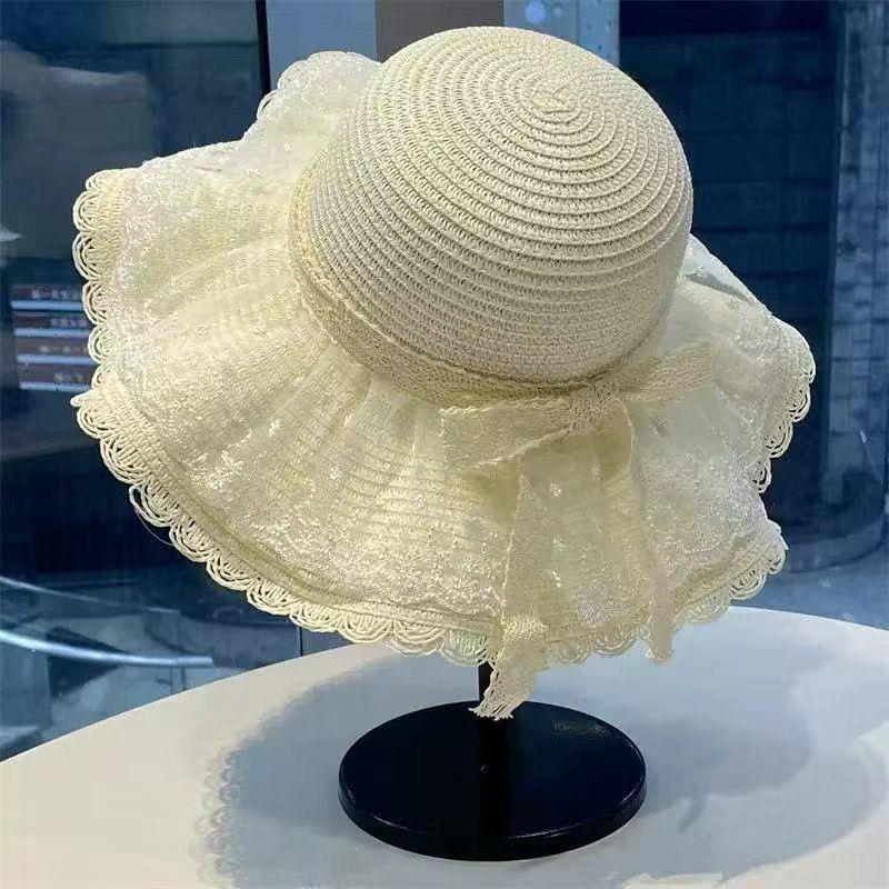 

Летняя пляжная уличная соломенная шляпа с кружевным бантом, шляпа от солнца и для защиты от солнца, устойчивая к УФ-излучению шляпа от солнца для детей молочный белый