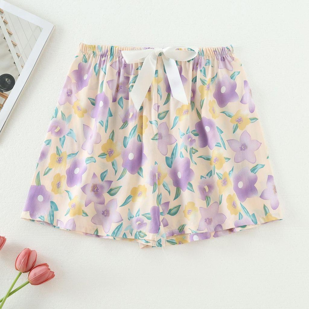 Women's Summer Cotton Silk Drapey Floral Shorts with Elastic Waist